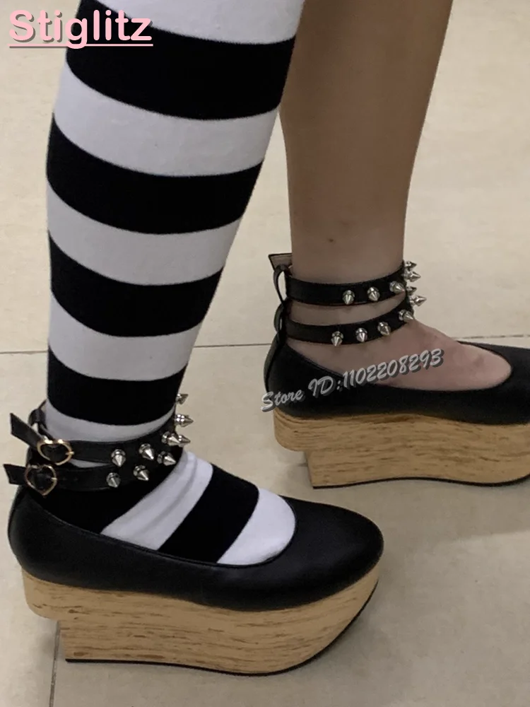 Cute Wood Grain Platform Pumps Round Toe Shallow Rivet Buckle Strap High Heels Lolita Rocking Horse Shoes Women Japanese 2025