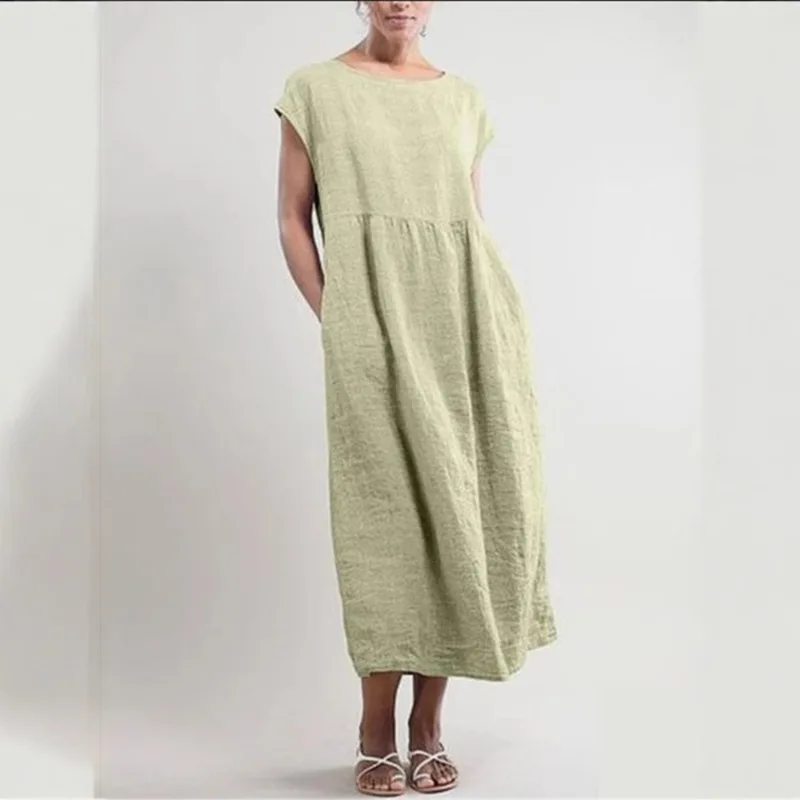 

Summer Women Elegant Solid Long Sundress Cotton Linen Loose O Neck Casual Vintage Y2K Dress with Side Pockets Daily Streetwear