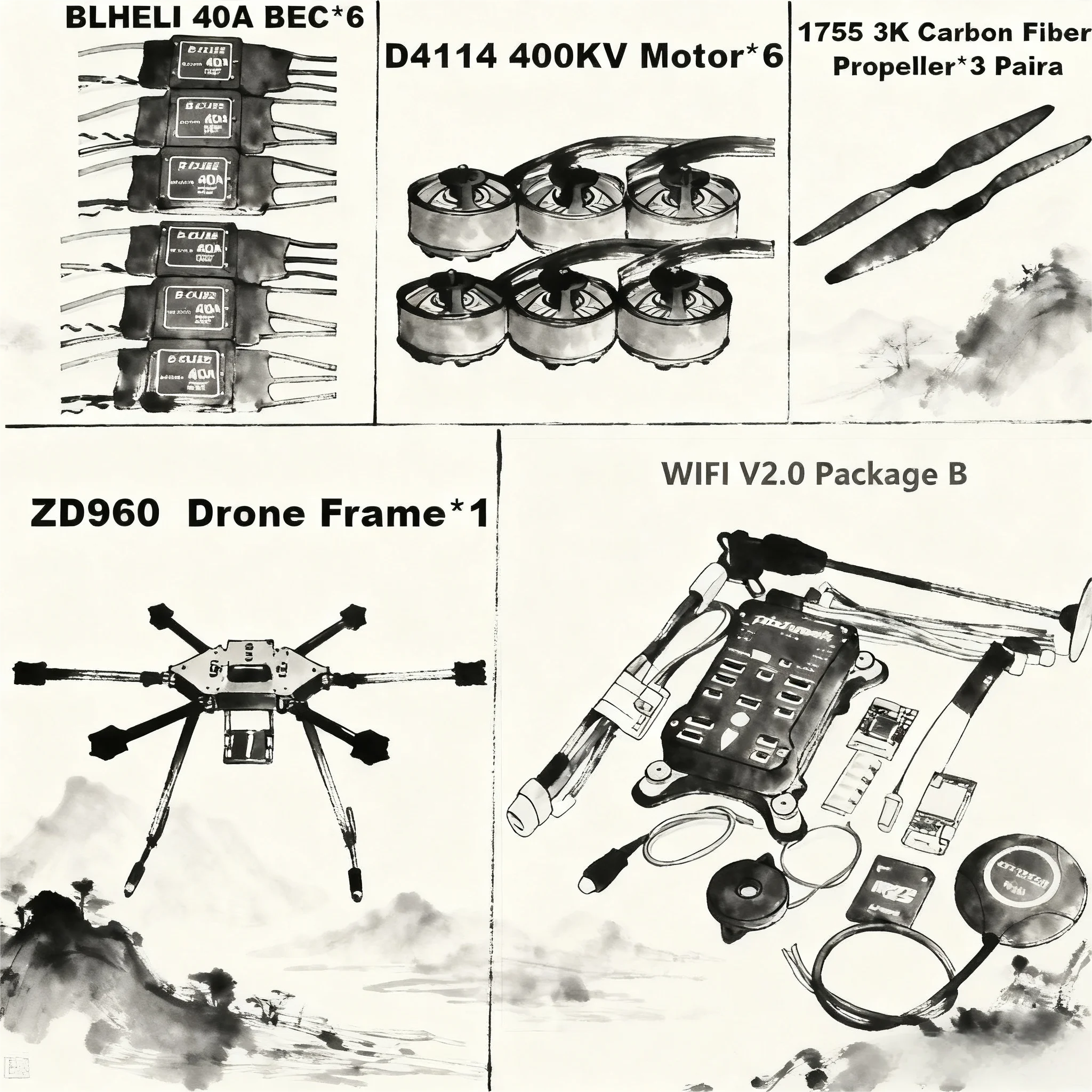 Angeltoy ZD960 PIXHAWK2.4.8 M8N Estrutura hexa-rotor de fibra de carbono completa BLHELI 40A ESC Conjunto de telemetria Rado de controle de voo