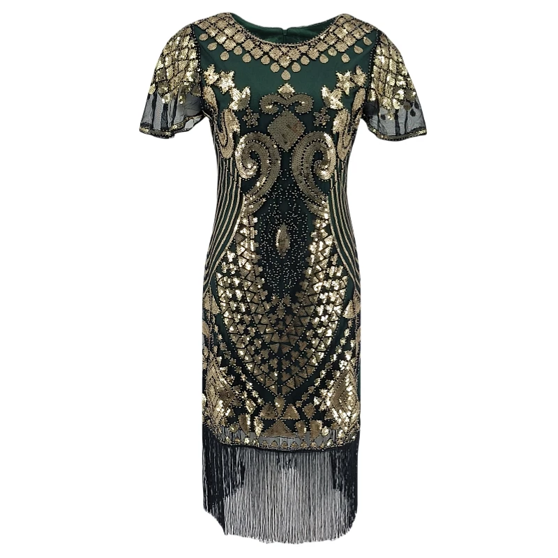 

1920s Flapper Dress Plus Size Gatsby Party Speakeasy Dress Women O-neck Flare Sleeve Fringe Sequin Dress Coustumes