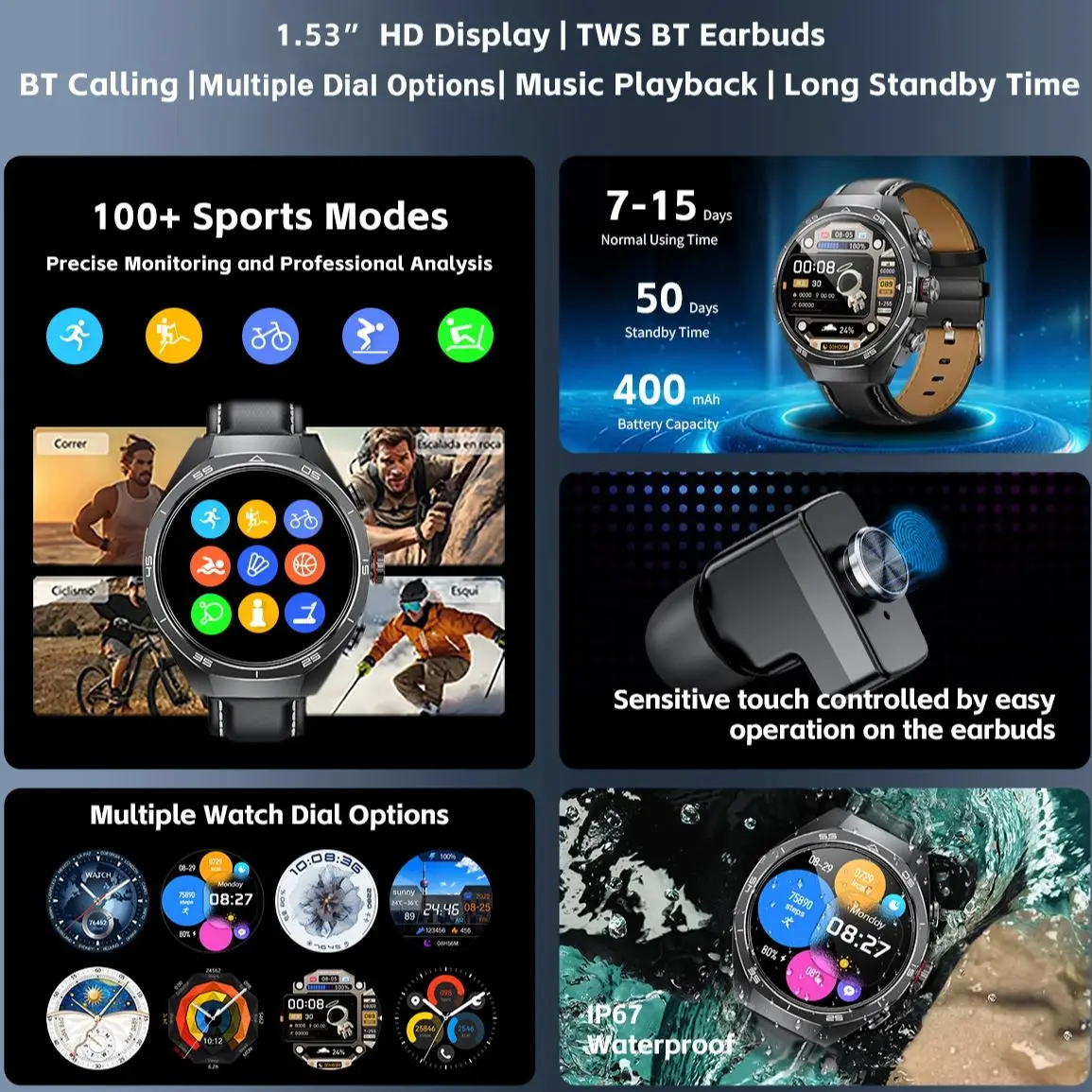 NFC Headset Smart Watch 2 in 1 TWS Wireless Headphone Local Music Call Men SmartWatch Health Monitoring Waterproof Sports Watch