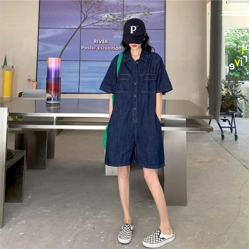 Tuta in denim pop Pantaloncini a gamba larga Tuta a vita alta Pantaloni da lavoro larghi Tuta intera di grandi dimensioni Abbigliamento donna Un pezzo