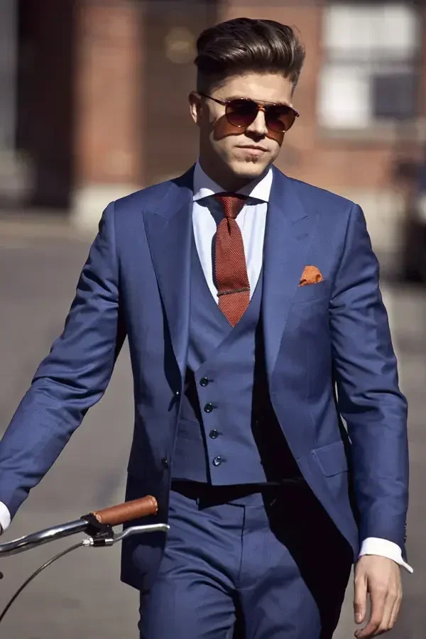 Traje de moda azul para Hombre, Blazer ajustado informal de alta calidad, conjunto de 3 piezas personalizado de High Street, novedad de 2024