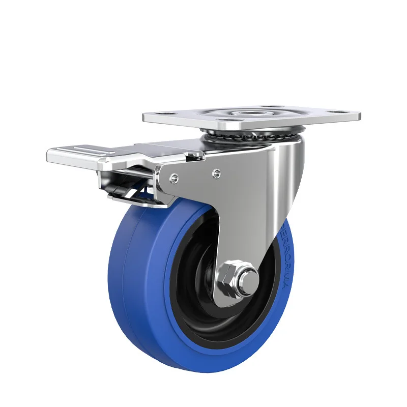 4pcs 5inch medium304 stainless steel blue rubber wheels, silent elastic wheels, swivel wheels, push wheels