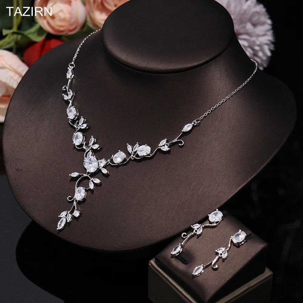 TAZIRN AAA Cubic Zirconia 2PCS Jewelry Set for Women CZ Crystal Earring Necklace Sets Wedding Bridal Dress Jewelry Accessories