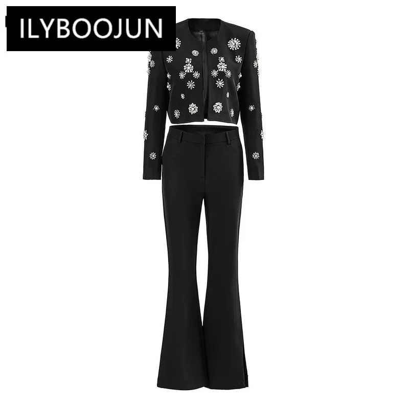 

Luxurious Design Sparkle Rhinestones Women Street Black 2pcs Pants Suits Open Short Jacket Wide-leg Trousers Quality Twin Sets