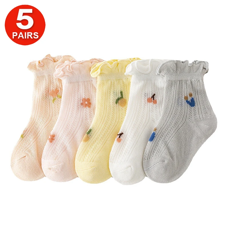 

5 Pairs Cute Baby Girls Cotton Short Socks Set Toddlers Kids Mesh Thin Breathable Summer Socks 0-5Years