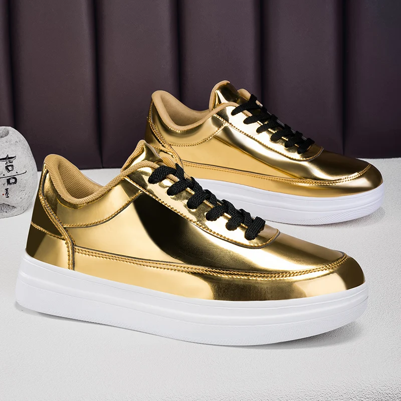 Baskets Homme Designer 2026 en Cuir Verni Or et Noir, Polyvalentes, Semelle Souple, Chaussures de Sport Décontractées, Tailles Grandes 39-47 1