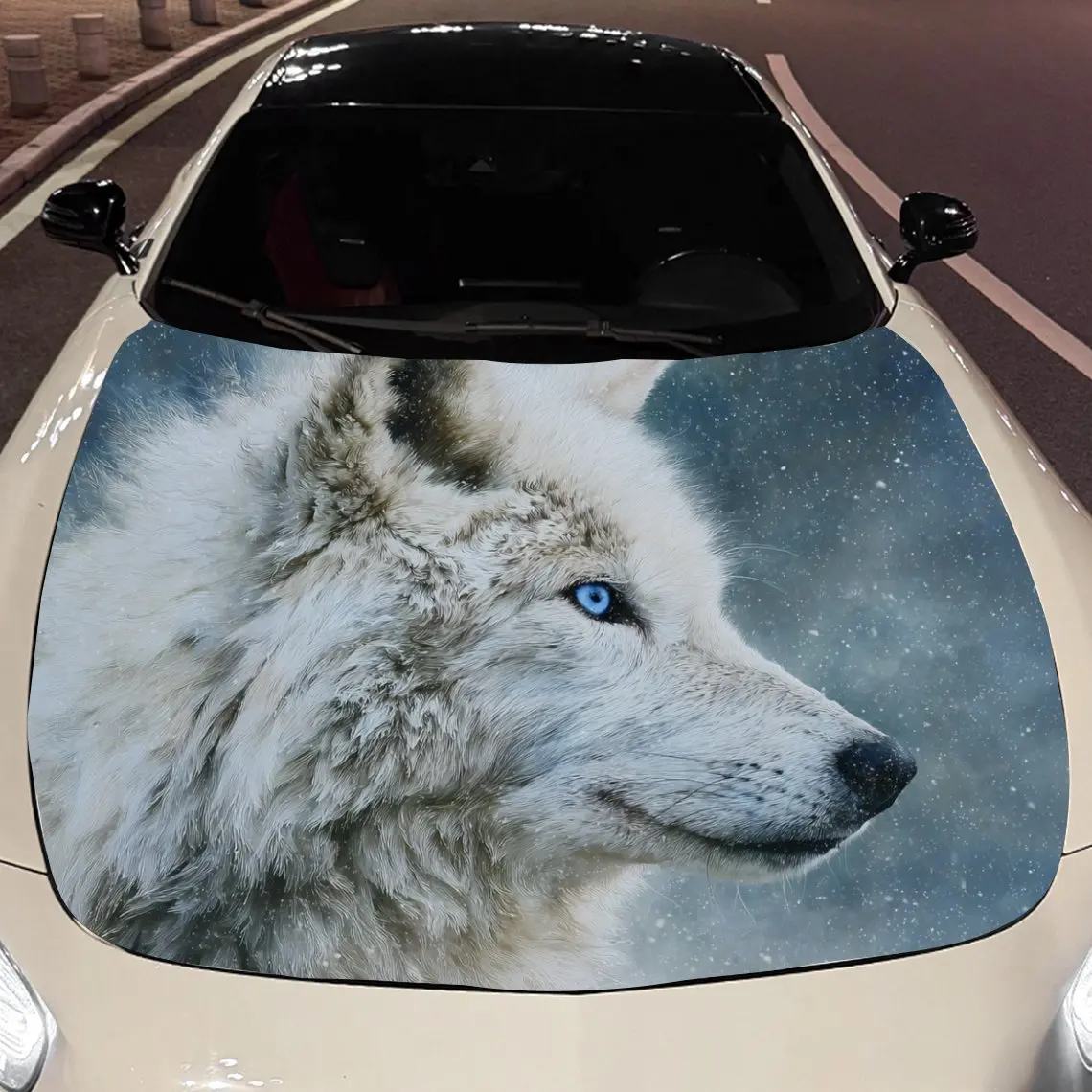 Autocollants de voiture loup avec fourrure blanche moelleuse, une Expression Contemplative et un givré-autocollant de capot de voiture d'arrière-plan Hued, Sel étanche
