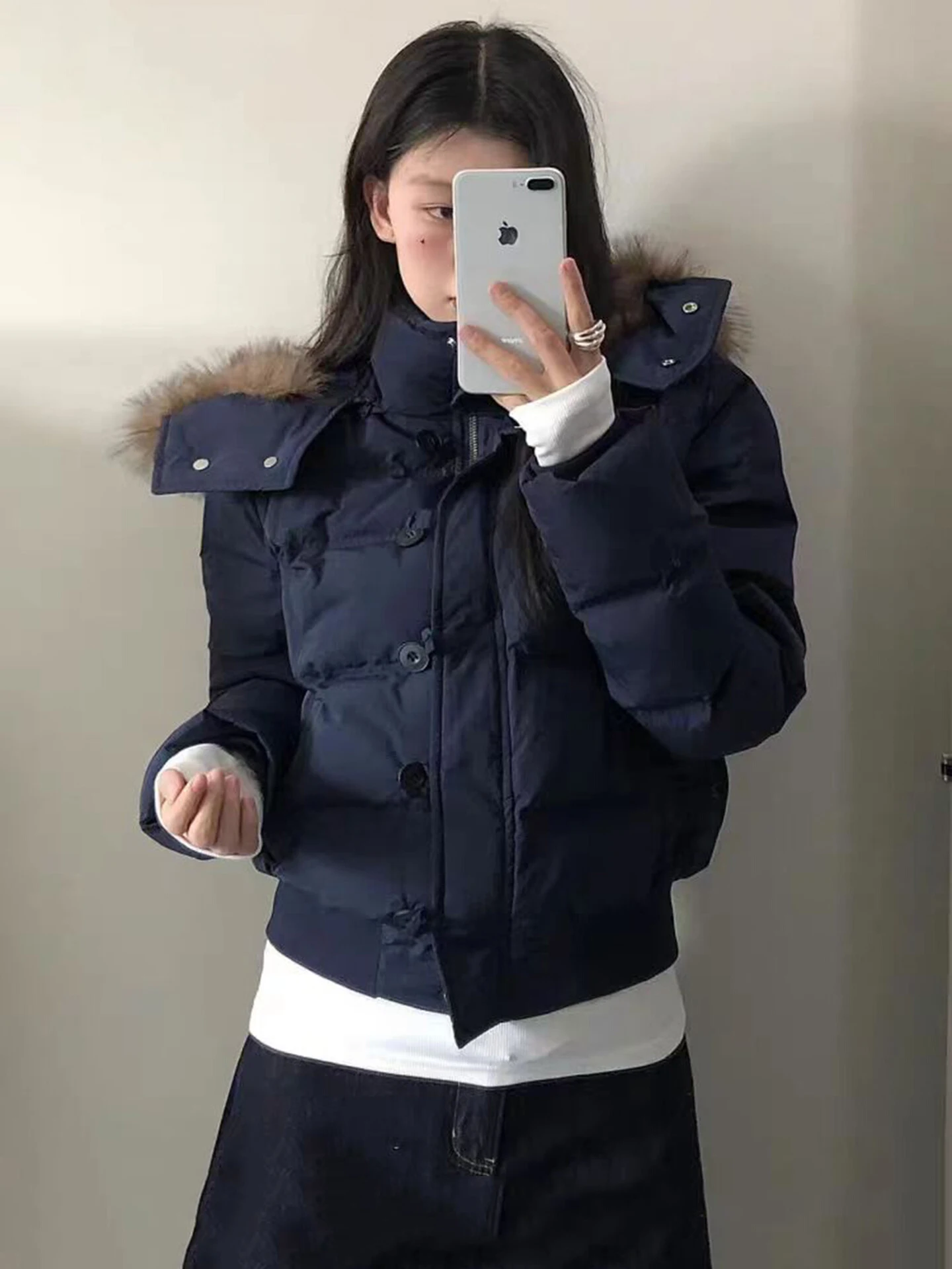 الشتاء المرأة أسفل سترة الأزرق الداكن المألوف فضفاض عارضة مقنعين سترة قطن الكورية نمط الفراء طوق معطف سميك جديد