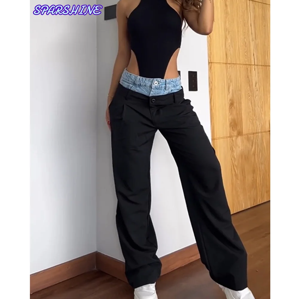 Unique Retro Colorblock Spliced Denim Pants For Women High Waist Patchwork Zipper Temperament Straight Pant Female Fashion Style