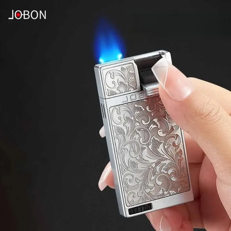 

JOBON Flat Blue Flame lighter Double-sided Relief Craft Pull-down Effortless Ignition Visible Gas Window Design Alloy Body