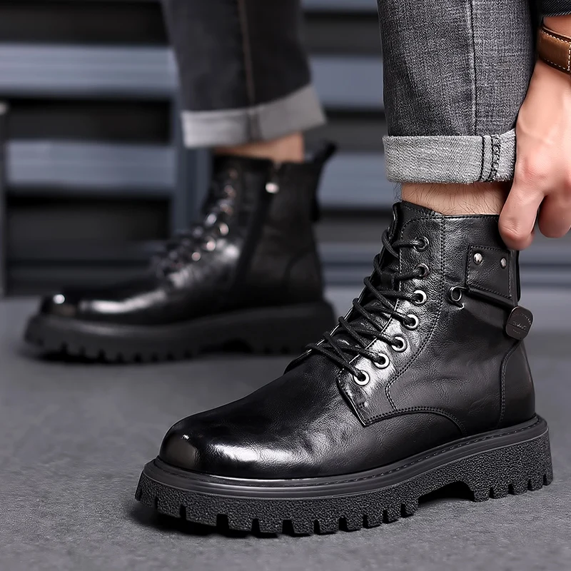 

High Top Boots Men Real Leather Shoes Fashion Outdoor Motorcycle Ankle Boots Male Winter Plush Tactical Lace Up Botas