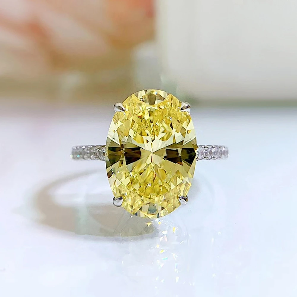 Vinregem 9*13 MM Potongan Oval Citrine Safir Karbon Tinggi Berlian Batu Permata 100% 925 Perak Murni Cincin Pertunangan Perhiasan Bagus