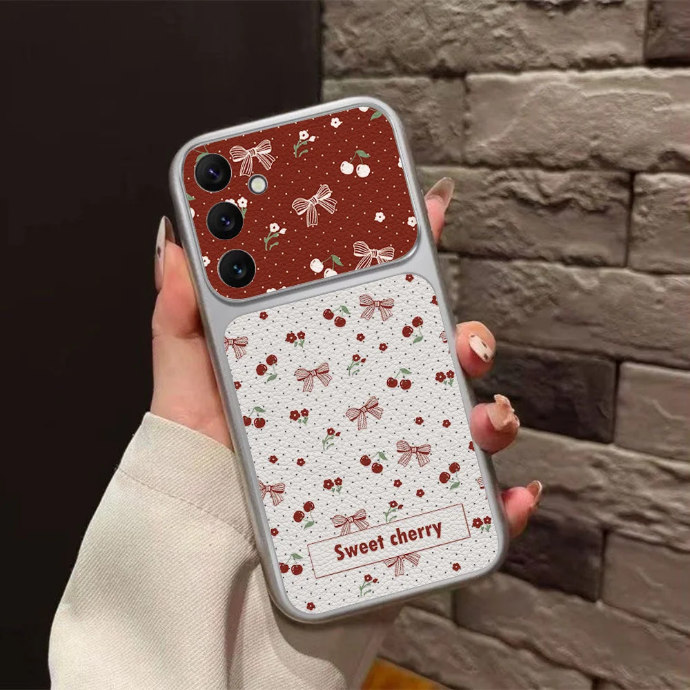 Red Cherry Bow And Flower Leather Phone Case For Samsung S26 Ultra S25 A17 A56 A36 A07 A26 A16 A05 Protective Cover With Lanyard