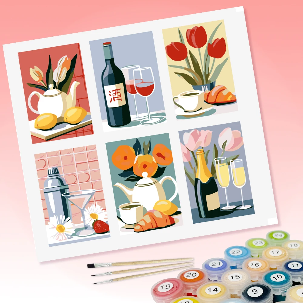 6 pieces of DIY coloring paintings featuring tea & wine, tulips and life ritual sense, suitable for home wall decoration.