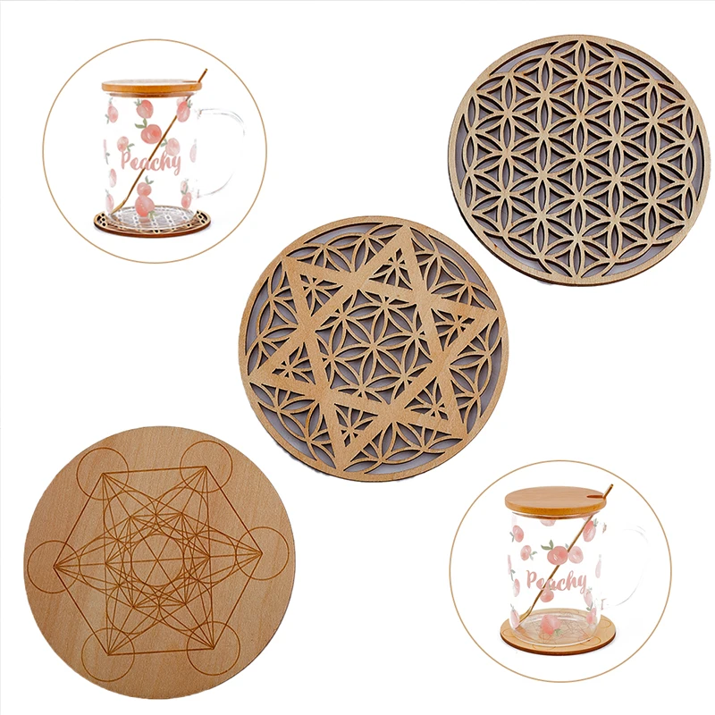 Round Grid Geometric Sacred Wooden Healing Board Coasters Table Placemat Coffee Cup Mat Desk Non-slip Heat Insulation Tea Pad