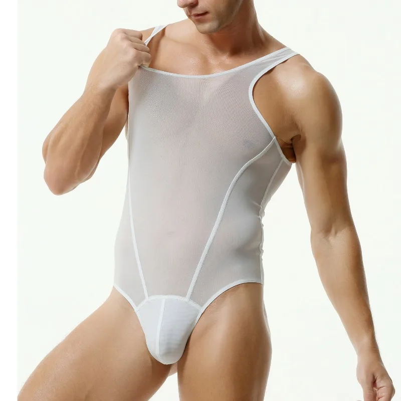 Tauwell Men Sheer Mesh Sleeveless Bodysuit U Neck Tank Top Jumpsuit See Through Breathable Male Underwear Sexy Lingerie