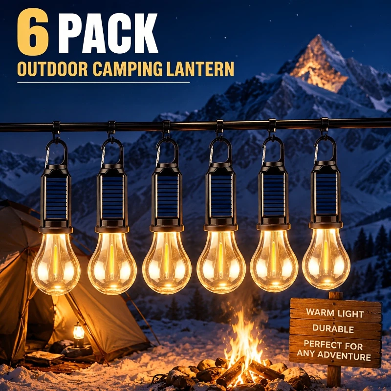 1/2/4/6Pack Solar Rechargeable LED Camping Lights with Hanging Hooks Portable Bulb Lanterns for Tents Hiking Patio BBQ Emergency