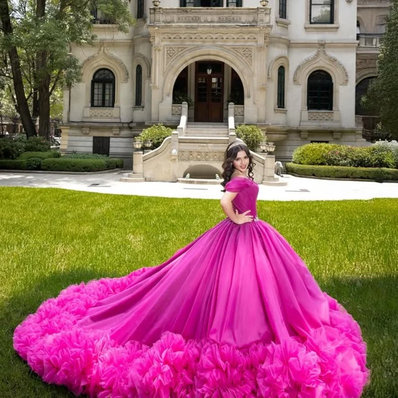 

Customized Rose Red Quinceanera Dresses Off the Shoulder Lace applique ruffle Long tail Vestido 15 Quinceanera