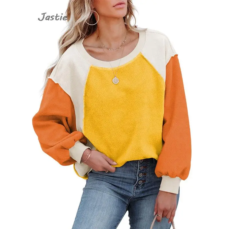 Rose Color Block Long Sleeve Pullover Fleece Sweater 2024 Fashion Women\'s Loose Round Neck Fleece Sweatshirts Top