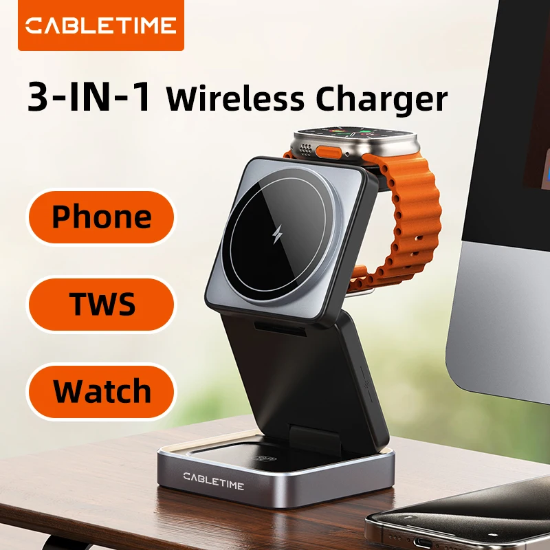 CABLETIME Foldable Magnetic 3 in 1 Wireless Charger Stand for iwatch Airpods iPhone 16/15/14 Samsung S23 S22 S21 Galaxy Watch