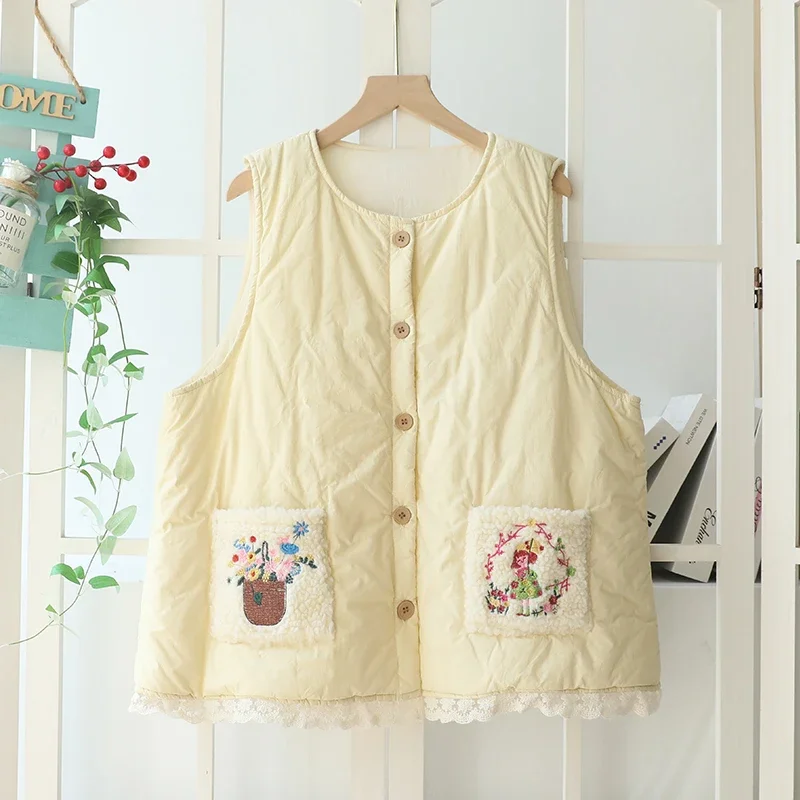 Autumn New Sweet Girl Flower Embroidered Pockets Vest Outwear Women Winter O-Neck Sleeveless Single Breasted Casual Vest Tops