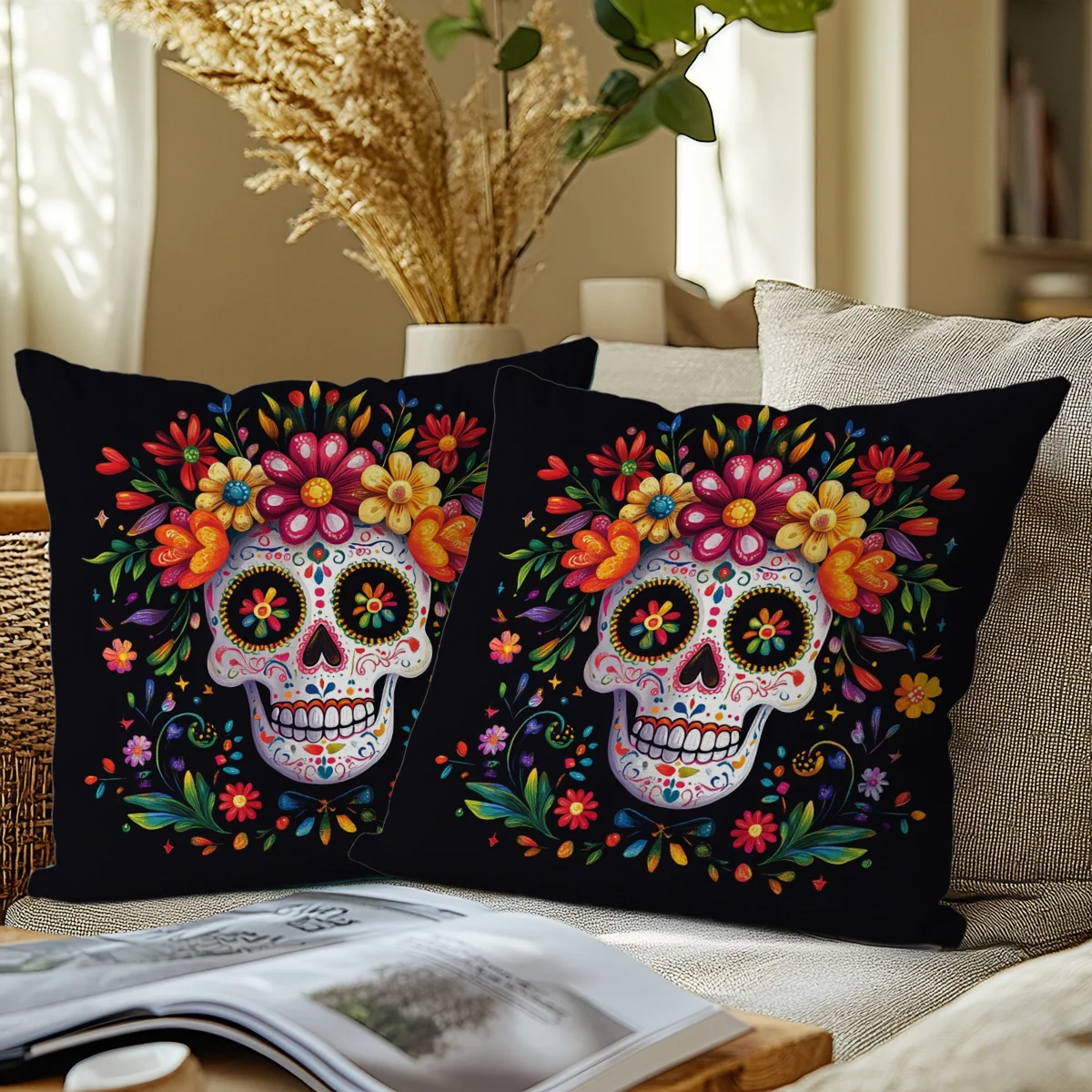 2pcs Vibrant Day of the Dead Skull Floral Throw Pillow Covers, 18x18 Inch Colorful Mexican-Inspired Design with Skeletons