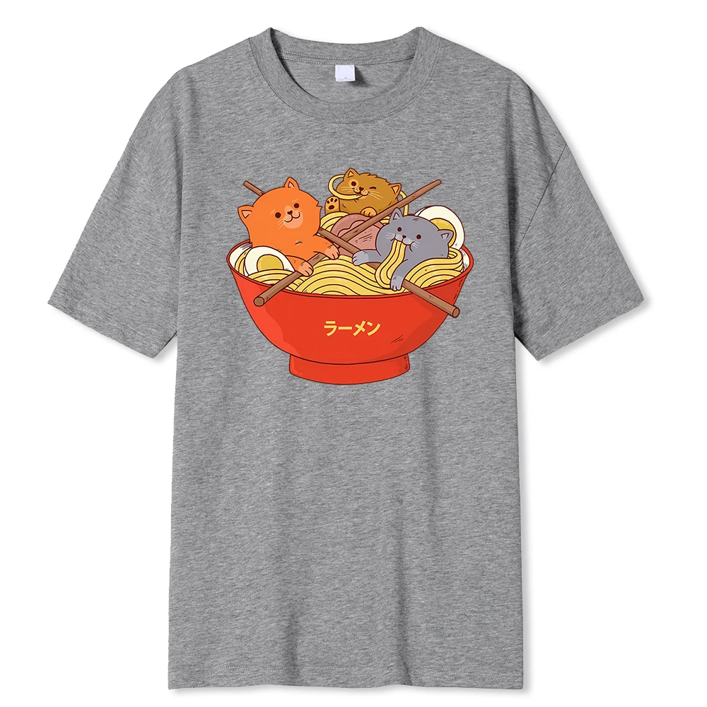 Japanese Style Cute Cats In Noodies Bowl Printed T Shirts Men Breathable Loose Clothing Casual Tshirt Fashion Cotton Tees