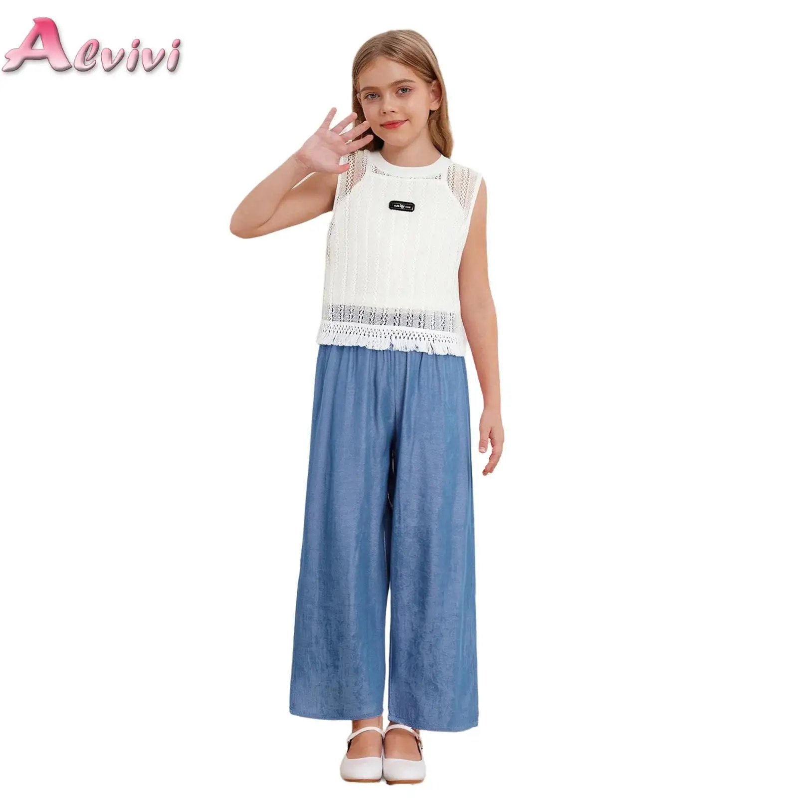 

Kids Girls 3-Piece Casual Outfit Vacation Beach Costume Sleeveless Tassel Hollow Out Tank Top with Camisole and Wide-Leg Pants