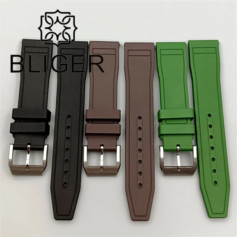 BLIGER 20mm Rubber Watch Strap Black Blue Green Brown  Watch Band Silver Stainless Steel Pin Buckles Wrist Belt