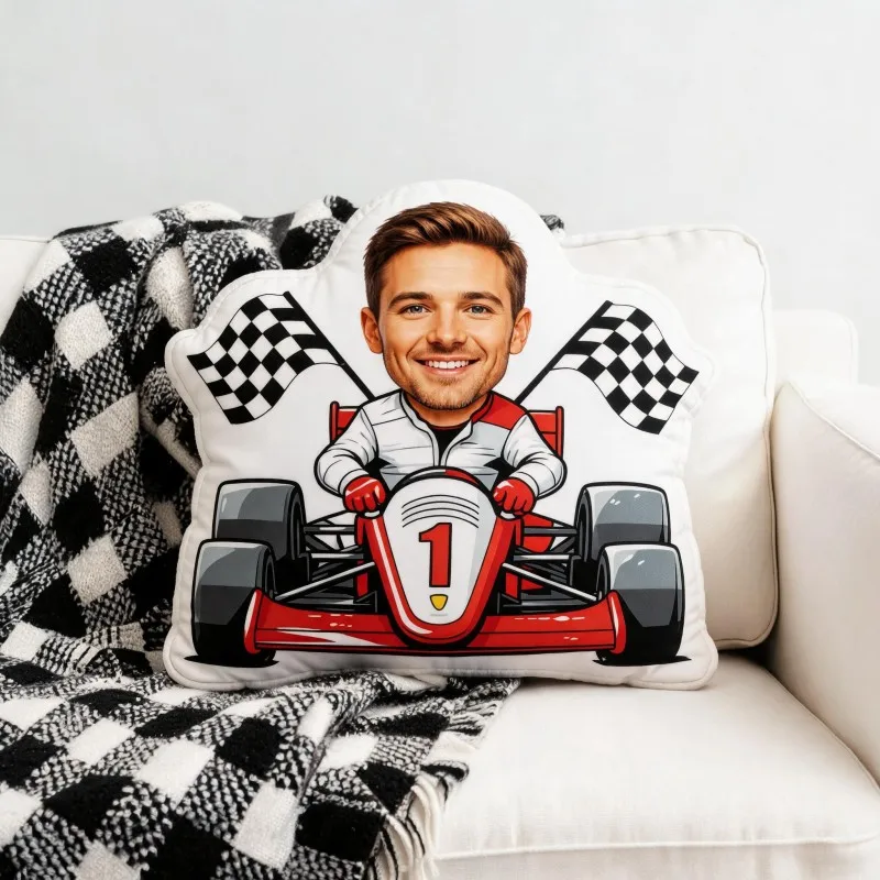 Custom Personalized Photo Racer Shaped Pillow, Smiling Face in Red Go-Kart with Checkered Flags Custom Picture Decorative Cushio