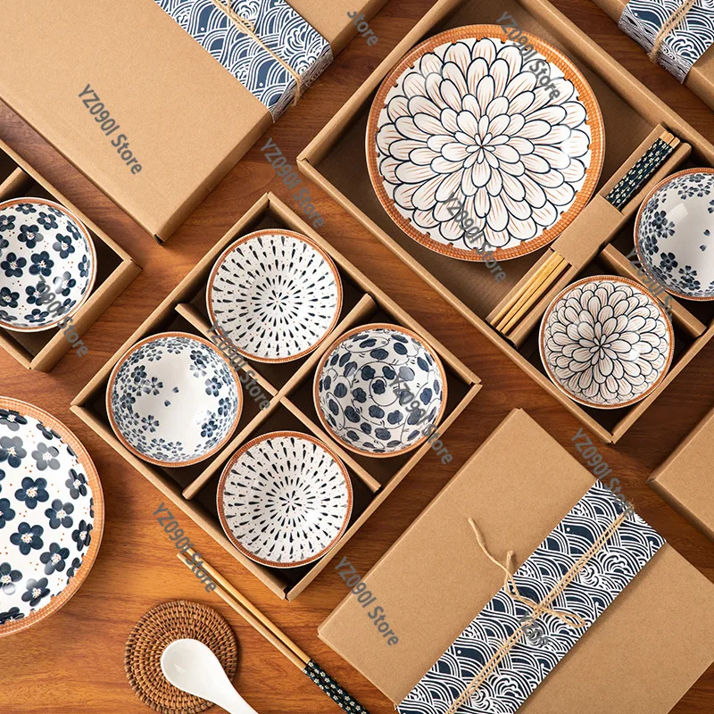 Japanese Style Ceramic Bowl Set Underglaze Hand Painted Tableware for Daily Use