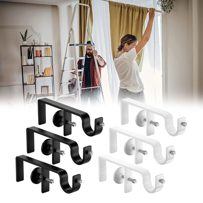 Clamp On Curtain Rod Support Set 3 Pack No Drill Double Rod Metal Mount with Adjustable Screw for Apartment Living