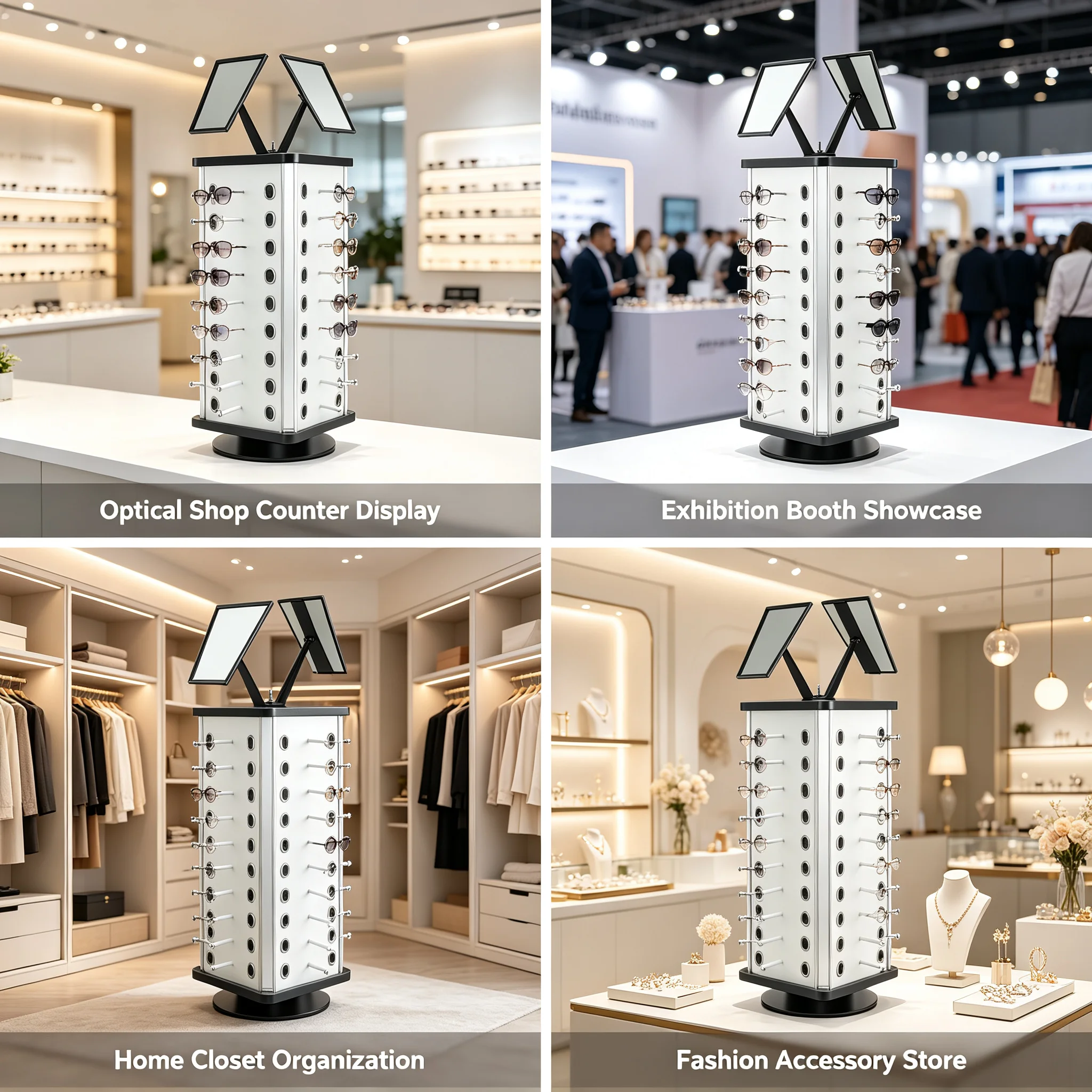 Rotating Eyeglasses Display Stand 360° Swivel, 4-Side Panel Holder for 44 Pairs of Glasses, 22 lbs Capacity, for Optical Shop Home Fashion Store, Black/Silver
