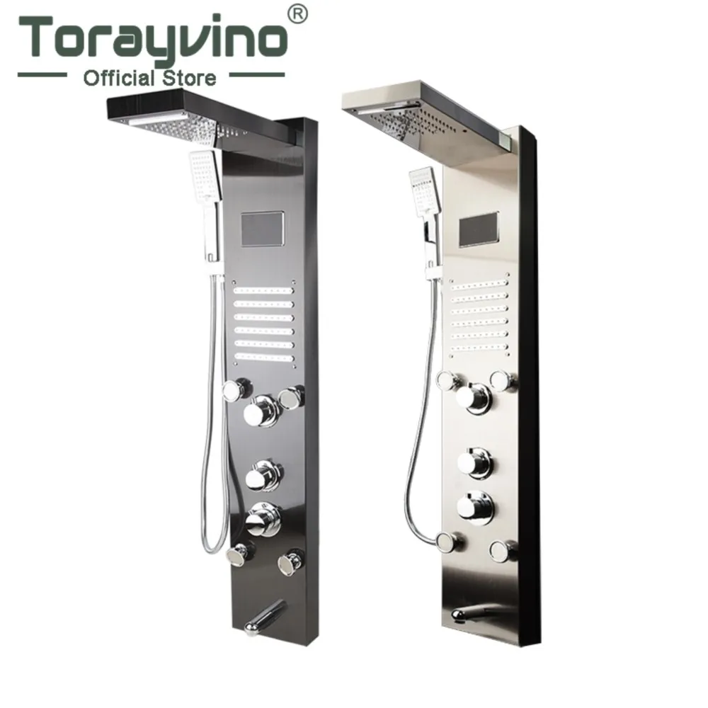 Torayvino LED Bath Shower Faucet Temperature Digital Display Shower Panel Body Massage System Jets Towel Shower Column Faucet