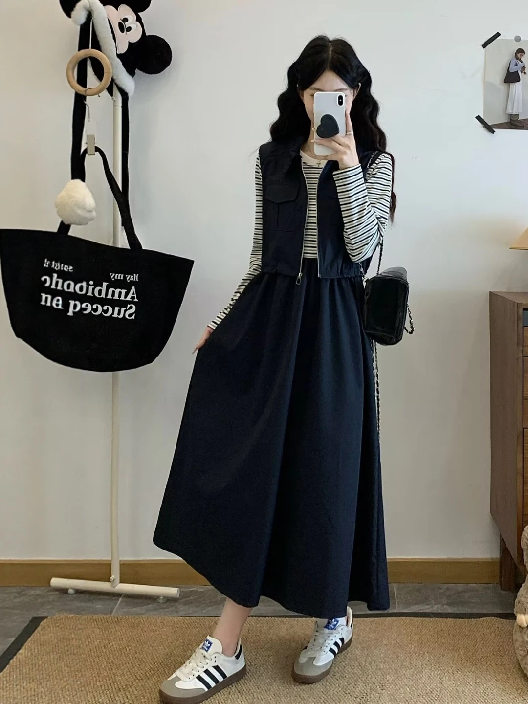 

Spring Autumn Women's plus Size Short Vest Tank Top And Dress Two Piece Set Striped Fashionable Comfortable Casual Outfit