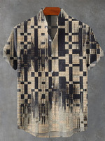 Geometric pattern men's linen shirt splicing 3D printing short sleeved fashionable loose shirt lapel shirt