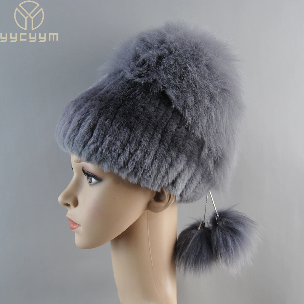 

2024 New Style Hot Winter Hats for Women Real Rex Rabbit Fur Elastic Knitted Cap with Fox Fur Fall Bonnets Women's Beanies Hat