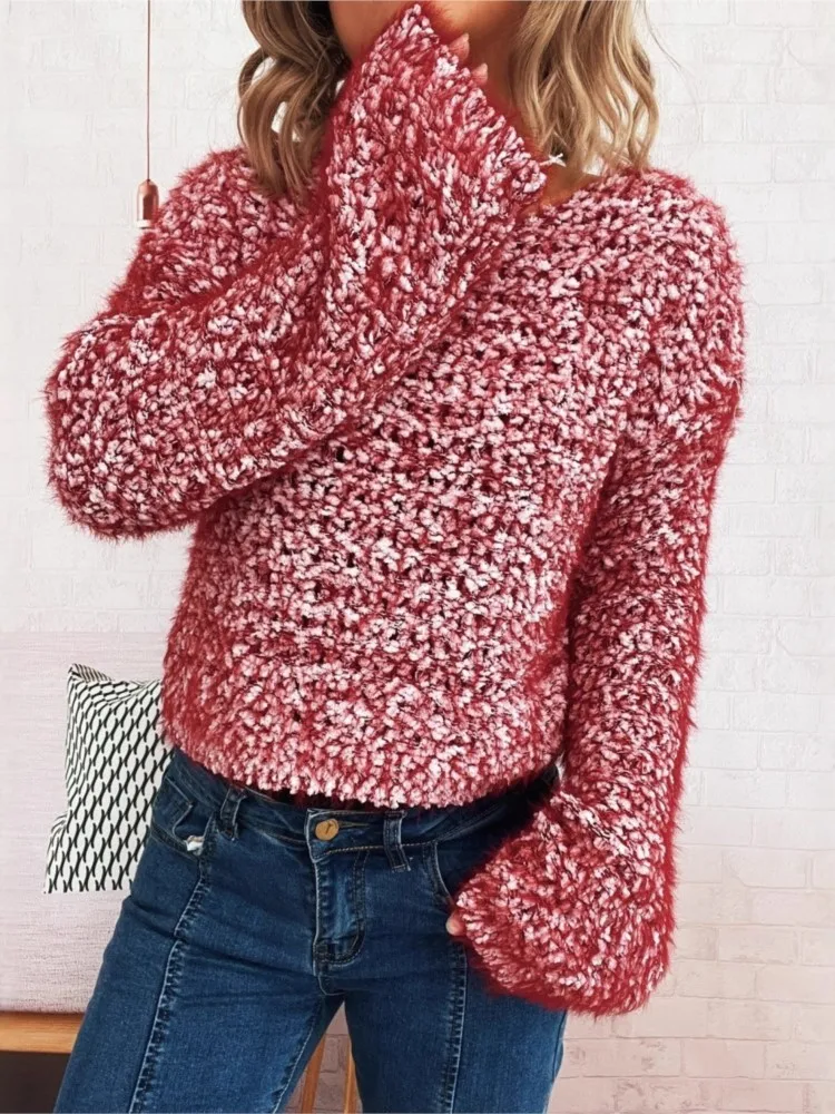 

Женский вязаный пуловер, повседневный свободный свитер с круглым вырезом, осенне-зимний однотонный универсальный пуловер с длинными рукавами, свитер