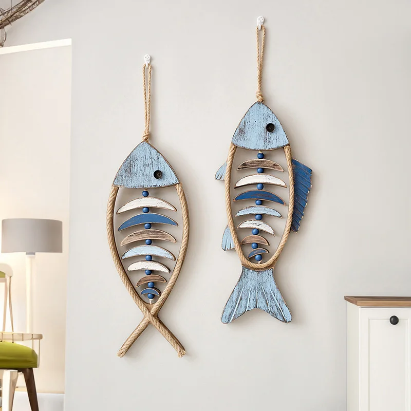 Mediterranean Wooden Fish Pendant Wall Hanging Ornament Living Room Dining Room Home Decorations Beach Ocean Theme