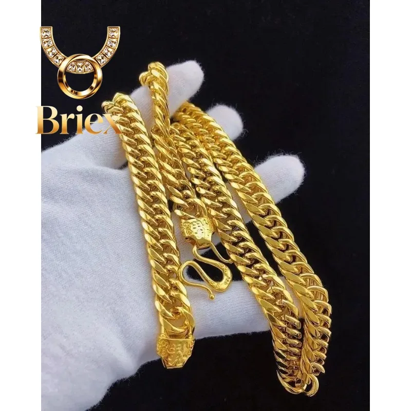 Briex Jewelry Unisex 24K AU999 Gold 10MM 60CM Twisted Polished Sideways Boss Chain Bold Men's Neckpiece with Peace Lucky Buckle