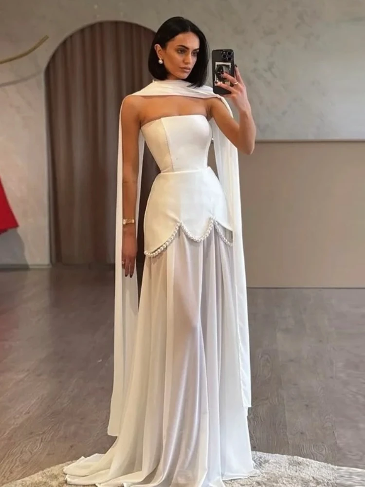 

Solid Color Strapless Mesh Patchwork Dress with Light Luxury Style Pearl Embellishment Mesh Flowing Shawl Party Evening Dress