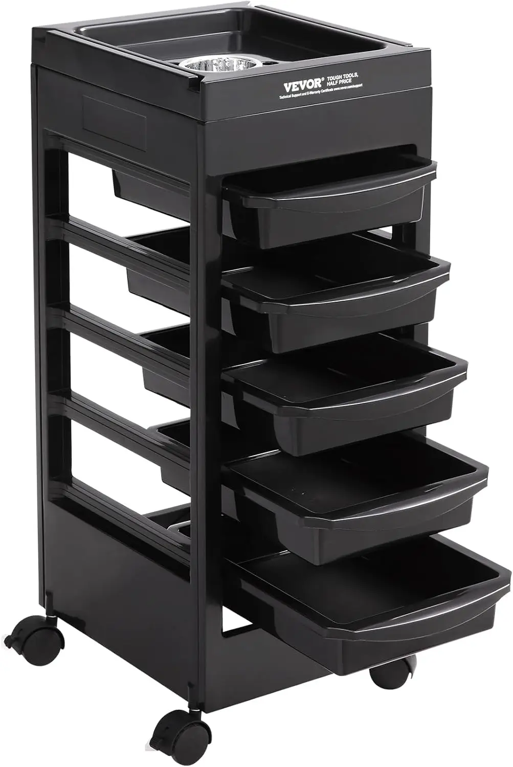 

Beauty Salon Trolley Cart, Plastic Salon Rolling Cart for Stylist with 5 Removable Drawers & Dryer Holder