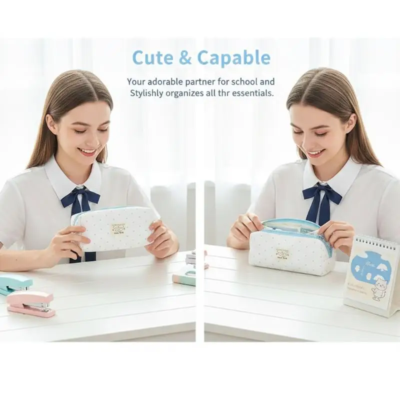 Cute Kitten Pencil Case for Kids School Supplies Zipper Stationery Pouch Multi Function Makeup Bag Organizer