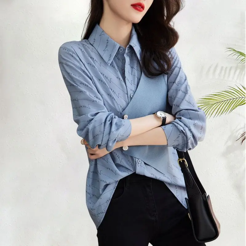 Commute Stylish Patchwork Asymmetrical Blouse Women\'s Clothing Casual Letter Printed 2023 Spring Autumn Korean Long Sleeve Shirt