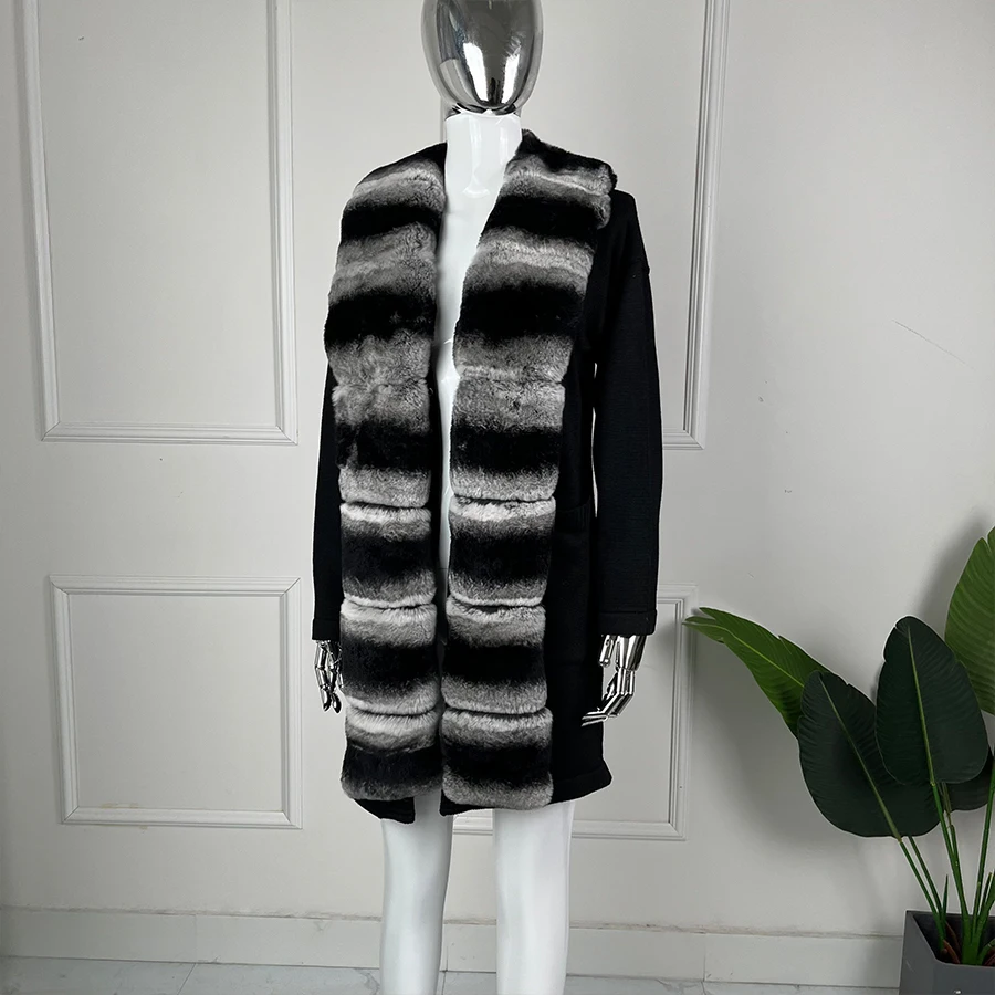 리얼 모피 트림이있는 롱 스타일 캐시미어 자켓 숙녀 천연 렉스 토끼 모피 자켓 패션 슬림 피트 따뜻한 롱 코트