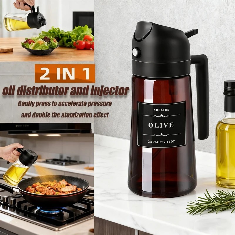 Dispensador de Aceite de Vidrio Marrón 2 en 1 de 16 oz/470 ml, Pulverizador de Aceite de Oliva Ecológico a Prueba de Fugas para Cocinar, Hornear, Asar a la Parrilla