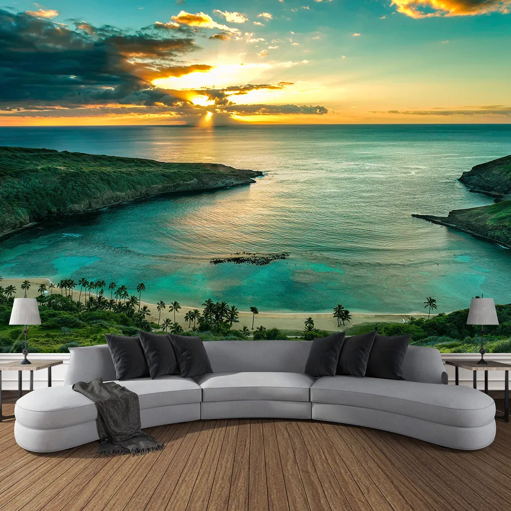 Summer Landscape Beach Sunset Sea Wave Tapestry Wall Hanging Printed Large Tapestry Aesthetic Dorm Interior Room Bedroom Decor