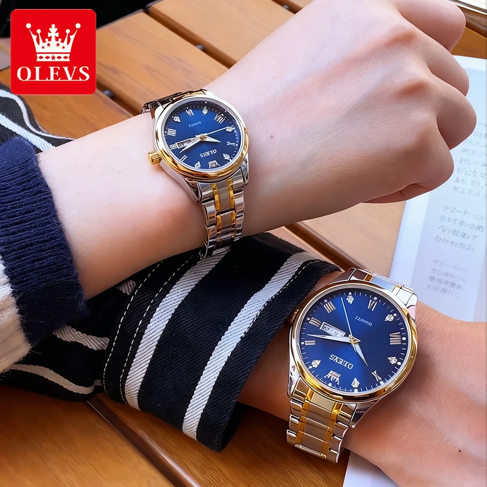 OLEVS часы для пар, трендовые модные римские весы, оригинальные кварцевые наручные часы из нержавеющей стали для влюбленных, водонепроницаемый светящийся календарь